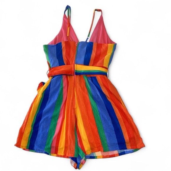 NWT Gianni Bini Rainbow Stripe Romper Medium Tie Waist V Neck Festival - Picture 7 of 8